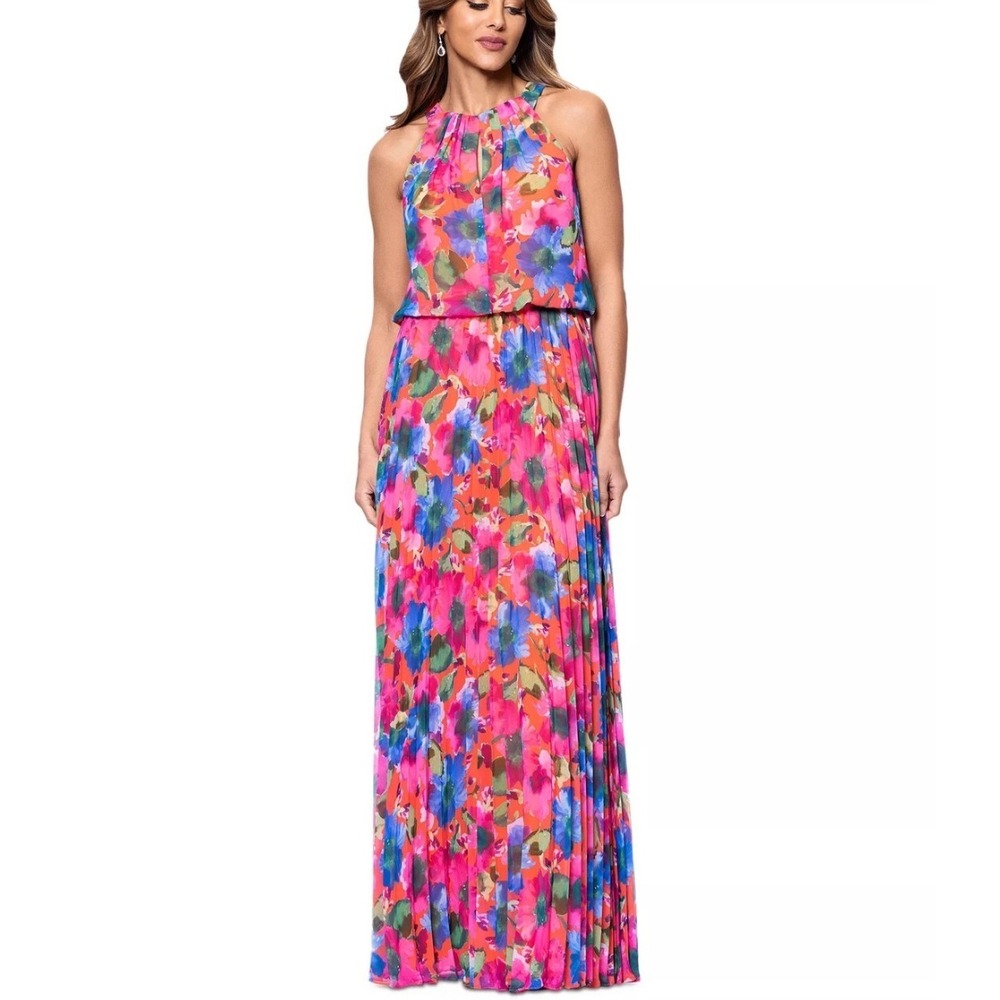 X By Xscape Maxi Dress Womens 10 New Floral Pleated Halter Chiffon MSRP $179